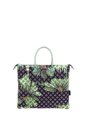 Borsa rettangolare con motivo geometrico viola e verde e disegni floreali verdi, con due manici verde chiaro e una cerniera superiore.