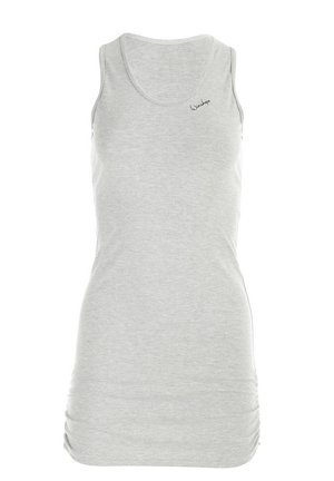 Graues Tanktop aus weicher Baumwolle, mit Rundhalsausschnitt, ärmellosem Design und gerafften Seitendetails. Dezentes Branding auf der Vorderseite.