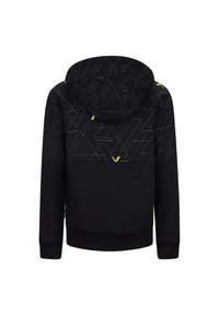 Felpa nera con motivi geometrici in grigio e dettagli gialli. Presenta un cappuccio con coulisse e polsini e orlo a coste. Realizzata in morbido materiale misto cotone.