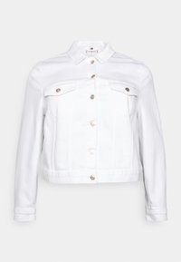 Weiße Jeansjacke mit Kragen, goldenen Knöpfen, zwei Brusttaschen, langen Ärmeln und verkürztem Schnitt. Glatte Textur.