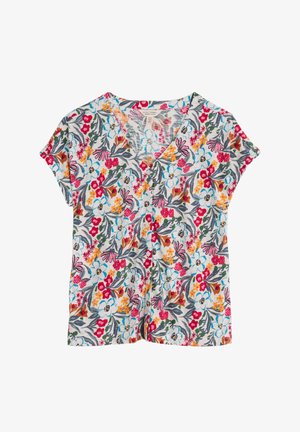 Haut à manches courtes en V fleuri avec un fond gris clair et des fleurs multicolores, y compris des accents roses, bleus et jaunes.