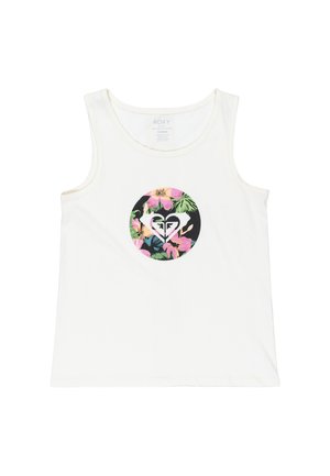Débardeur blanc sans manches présentant un motif floral circulaire aux teintes noires et roses au centre, fabriqué en tissu en coton léger.