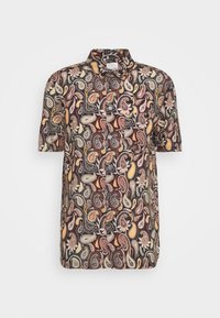 Kortärmad skjorta med ett paisleymönster i nyanser av brunt, orange, grönt och gräddvitt, med knäppning framtill och krage.