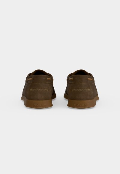 Paire de chaussures décontractées en daim marron avec détails cousus et semelles en caoutchouc, vues de dos sur un fond uni clair.