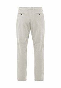 Pantaloni in velluto a coste beige con un design a gamba dritta, dotati di due tasche posteriori con bottoni neri e una superficie di tessuto testurizzato.