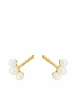 Zlatne naušnice s tri male bijele biserne perle raspoređene u vertikalni grozd na svakoj naušnici.