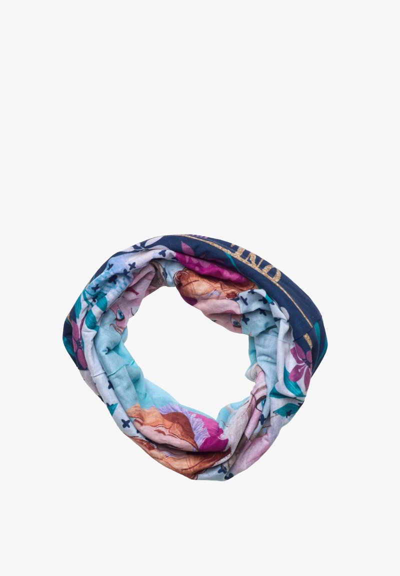 Infinity sjaal met bloemenpatroon, gemaakt van zachte, lichte stof in tinten blauw, roze en paars, met een donkerblauw accent.