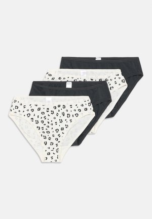Quatre paires de culottes pour femmes : deux noires et deux crème avec imprimé léopard noir. Tissu en mélange de coton, coupe standard, taille douce.