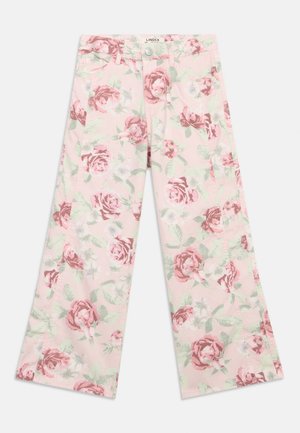 Pink wide-leg trousers with light green and dark pink rose floral print and front pockets.