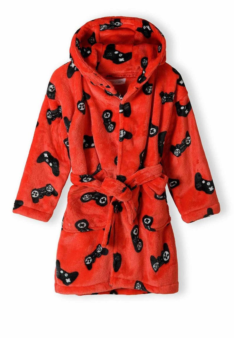 Fleece badjas met capuchon in felrood met patronen van een zwarte kat en een gamecontroller, voorzien van een ceintuur en opgestikte zakken.