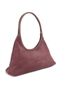 Sac épaule en daim mauve avec une anse circulaire, une texture lisse et un logo doré. Le design présente une silhouette triangulaire.