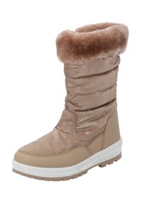 Brun vinterkänga med plufsig pälskrage, kviltad ovandel, slitstark gummisula och vadderad textur. Rund tå och elegant design.