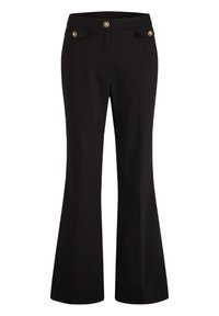 Pantalons évasés noirs avec une texture lisse, dotés d'une taille haute, de poches avant et d'accents de boutons dorés sur les poches.