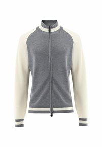 Grauer und cremefarbener Reißverschluss-Pullover mit gerippten Akzenten, hohem Kragen und gestreiftem Detail an den Bündchen und dem Saum. Aus Strickmaterial gefertigt.