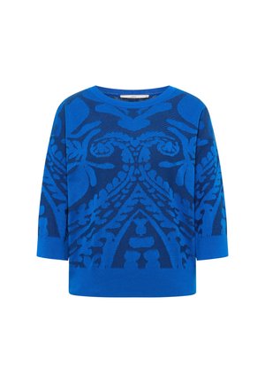 Blauer Strickpullover mit einem dunkelblauen, kunstvollen symmetrischen Blumen- und geometrischen Muster, dreiviertellangen Ärmeln und rundem Ausschnitt.