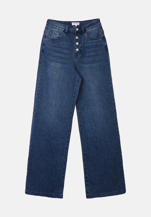 Bredde ben blå denimjeans med høy midje, som har fem knapper, frontlommer og en jevn, strukturert overflate.