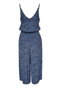 Jumpsuit sans manches à pois bleus et noirs avec des fines bretelles, décolleté en V, taille élastique et pantalon large court.
