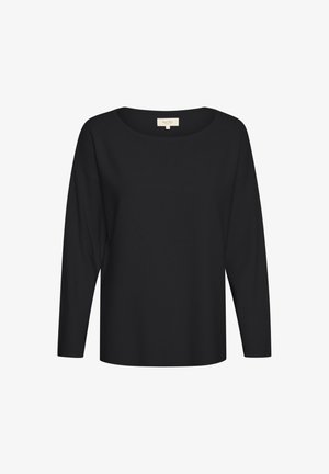 Svart långärmad topp med bred båtkrage. Mjuk tyg med en slät yta. Sänkta axlar och en avslappnad passform. Inga synliga mönster eller detaljer.