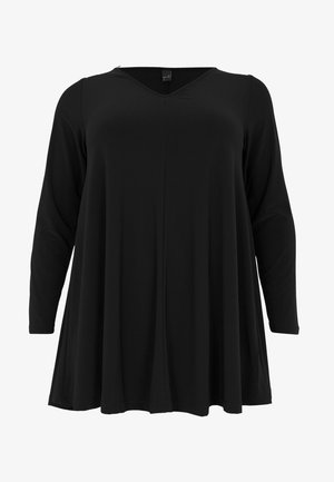 Black long-sleeve tunic with a V-neck, made of soft fabric. Flowy design with an A-line shape, featuring a seam down the center.