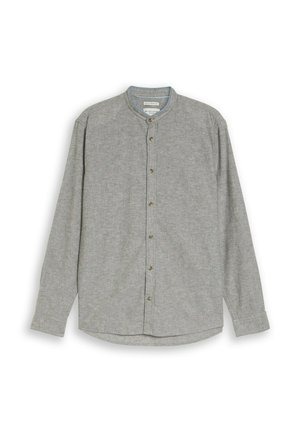 Gray long-sleeve button-up shirt with mandarin collar, visible stitching, and six buttons down the front.