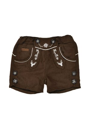 Braune Shorts im traditionellen Stil mit weißer Stickerei von Hirschköpfen und floralen Mustern, Knopfdetails vorne und an den Seiten sowie vorderen Taschen.