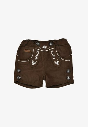 Brown traditional-style shorts with white embroidery of deer heads and floral patterns, button details on front and sides, and front pockets.