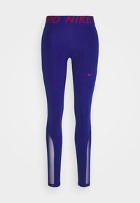 Paarse sportleggings met een rode "PRO NIKE" tailleband, voorzien van meshpanelen aan de zijkanten en een klein rood Nike-logo aan de voorkant.