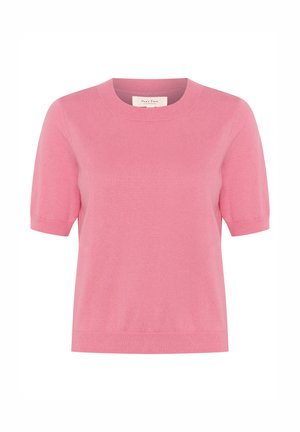 Kortærmet sweater med rund hals i lyserød. Blødt strikmateriale med en glat tekstur. Har ribbede manchetter og kant.