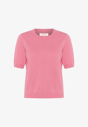 Suéter de manga corta y cuello redondo en rosa claro. Material de punto suave con una textura lisa. Presenta puños y dobladillo acanalados.