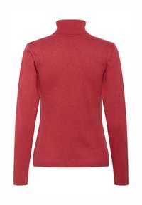 Piros garbónyakú pulóver, puha kötésből készült, hosszú ujjal, bordázott gallérral és hem részletezéssel. Hátulnézet, amely a zökkenőmentes kivitelezést mutatja.