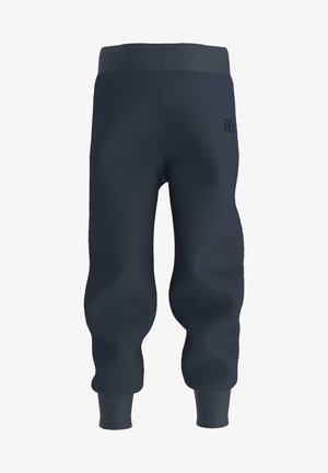 Pantaloni felpati blu navy con vita e polsini a costine, caratterizzati da una texture morbida e un logo discreto sul retro.
