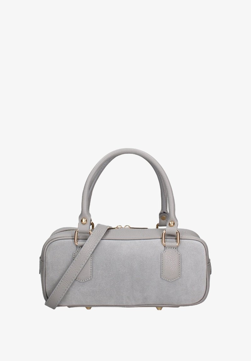 Grijze suedetas met twee bovenhandvatten en een afneembare schouderband. Gouden hardwareaccenten en rechthoekige vorm met een ritsluiting.