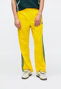 Żółte spodnie sportowe z niebiesko-zielonymi paskami po bokach, elastyczną talią i gładką teksturą. Noszone z zielonym topem i trampkami.