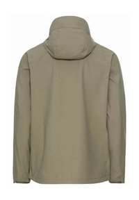 Veste imperméable beige avec capuche, manches longues et détails simples de coutures, vue de dos sur fond blanc.