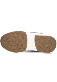 Shoe sole with a textured rubber material; features a brown outsole and white midsole; geometric tread pattern for traction.