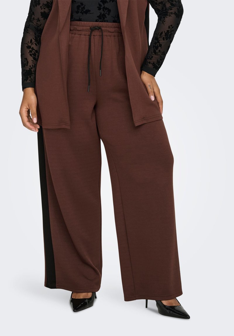 Brown wide-leg pants with a drawstring waist, featuring a side black accent stripe. The fabric appears soft with a smooth texture.