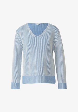 Lichtblauwe en witte gestreepte trui met V-hals, lange mouwen en effen lichtblauwe boorden en zoom.