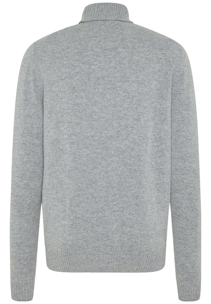 Grauer Strickpullover mit hohem Kragen, langen Ärmeln, geripptem Saum und glatter Textur. Einfaches Design ohne Muster oder Akzente.