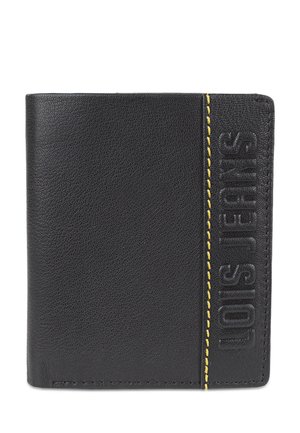 Cartera de piel negra con superficie texturizada, que presenta el logo en relieve "LOIS JEANS" y un detalle de pespunte amarillo en el lateral.