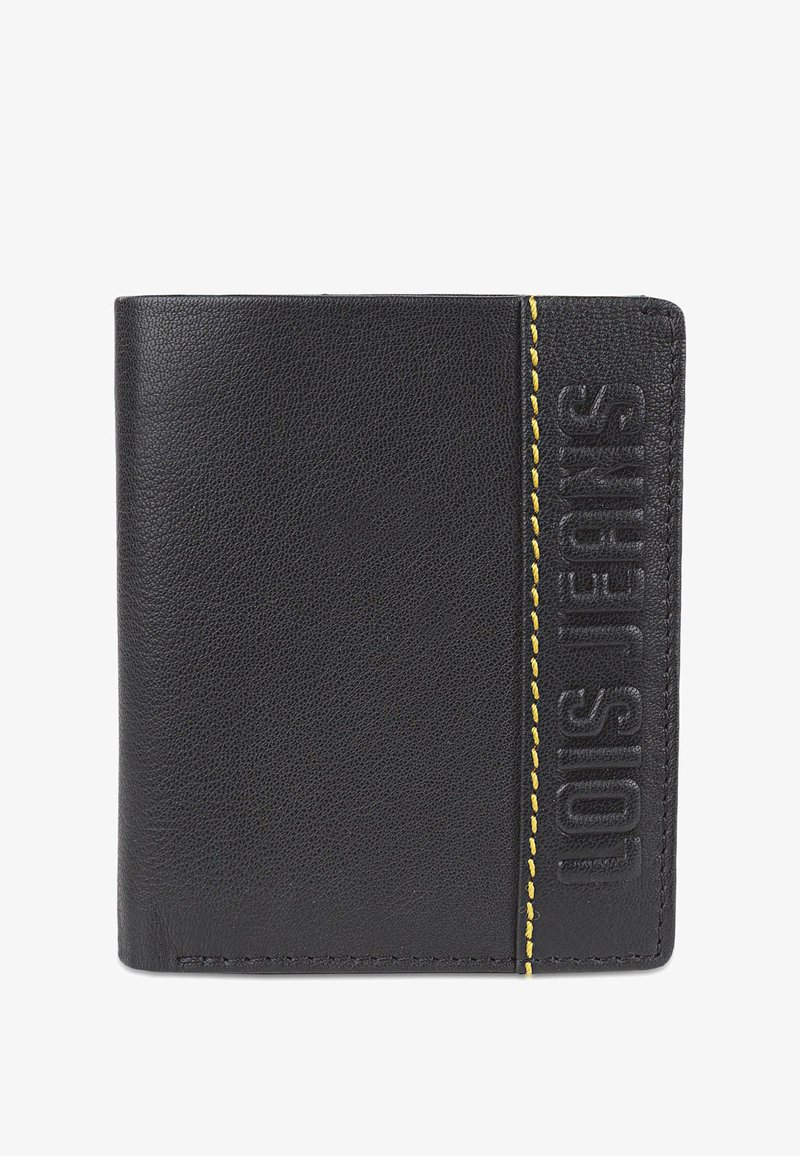 Cartera de piel negra con superficie texturizada, que presenta el logo en relieve "LOIS JEANS" y un detalle de pespunte amarillo en el lateral.