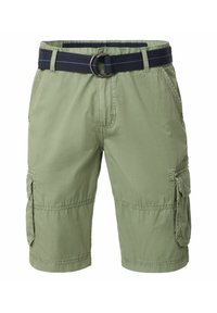 Grüne Cargo-Shorts aus leichtem Material, mit einem marineblauen Gürtel, mehreren Taschen und einem lässigen Schnitt mit gesteppten Details.