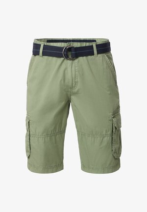 Zielone szorty cargo z lekkiego materiału, z granatowym paskiem, wieloma kieszeniami oraz luźnym krojem z przeszyciami.