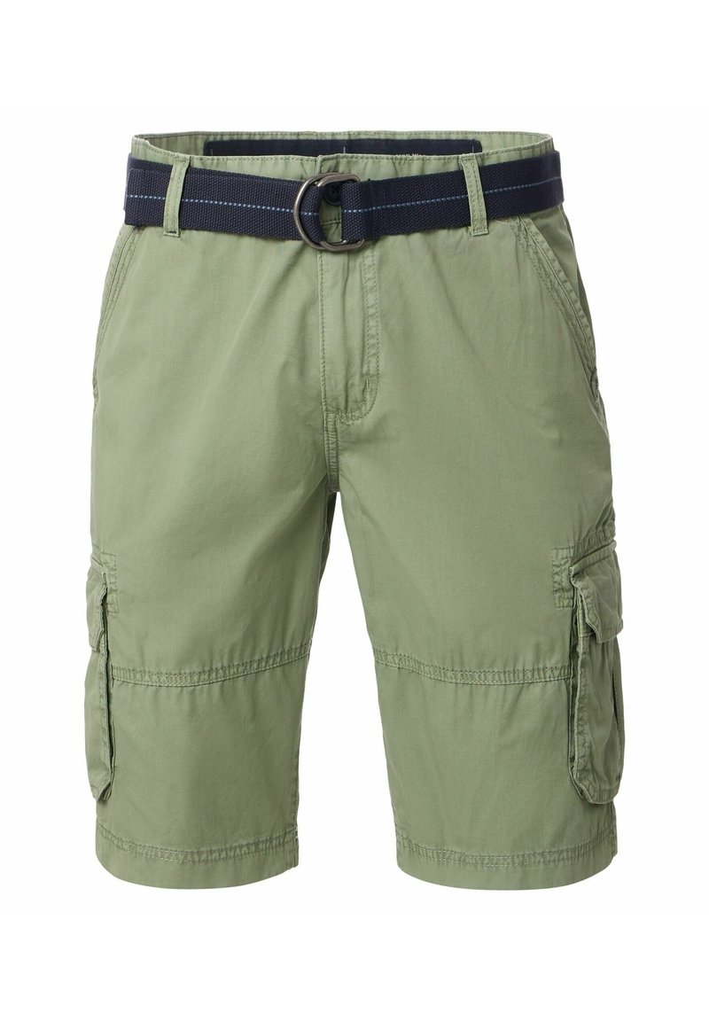 Grüne Cargo-Shorts aus leichtem Material, mit einem marineblauen Gürtel, mehreren Taschen und einem lässigen Schnitt mit gesteppten Details.