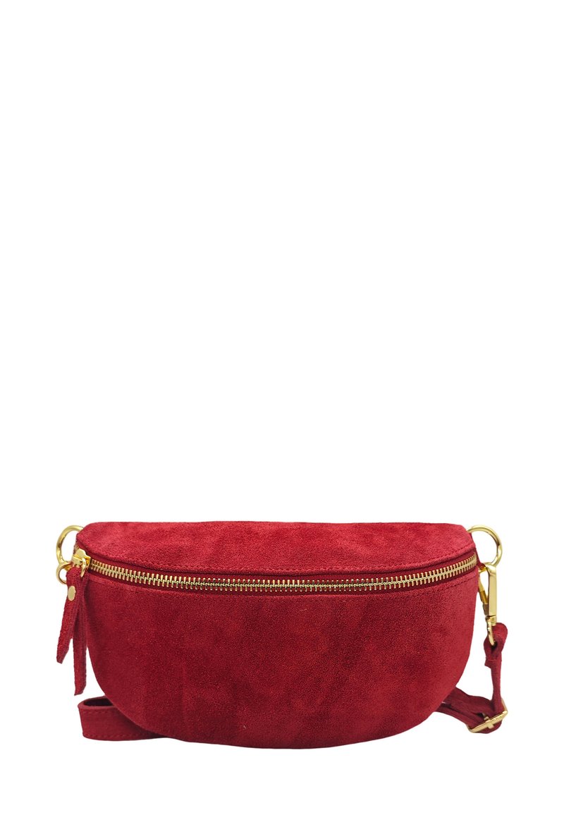 Sac bandoulière en suède rouge avec une forme arrondie, détail de fermeture éclair dorée et bandoulière ajustable. Texture lisse et design minimaliste.