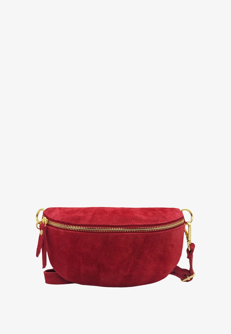 Sac bandoulière en suède rouge avec une forme arrondie, détail de fermeture éclair dorée et bandoulière ajustable. Texture lisse et design minimaliste.