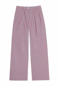 Pantalons plissés en tissu léger, présentant un motif à carreaux rouge et bleu. Design à jambes larges avec poches latérales et fermeture à bouton.