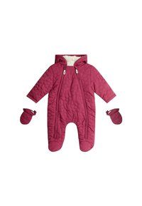 Tűnő, rózsaszín hóöltöny kapucnival, két elülső cipzárral és texturált virágmintákkal. Tartalmazza a passzoló kesztyűt is. Puha, bélelt belső.