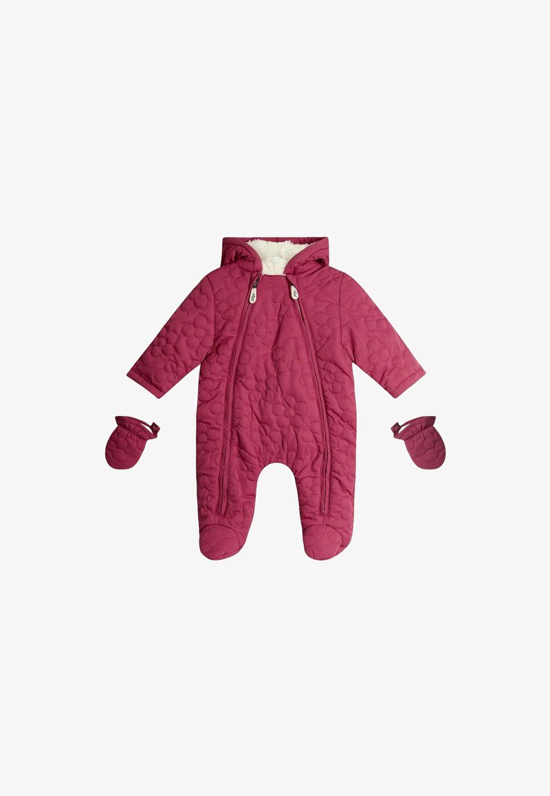 Tűnő, rózsaszín hóöltöny kapucnival, két elülső cipzárral és texturált virágmintákkal. Tartalmazza a passzoló kesztyűt is. Puha, bélelt belső.