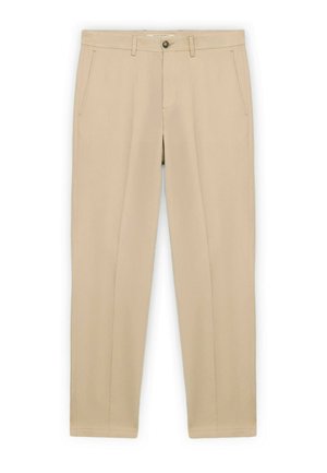 Beige gerade geschnittene Hose mit Gürtelschlaufen, vorderer Knopf- und Reißverschluss sowie schräge Seitentaschen.