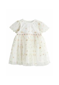 Weißes Kleid mit kurzen, gepufften Ärmeln, floraler Stickerei in Pink und Grün und einem gerafften Saum, mit einem dekorativen Blumenbesatz in der Taille.